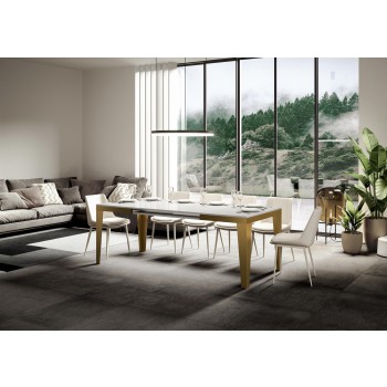 Mesa Flame Evolution Gold - Mesa extensível 90x120/380 cm com estrutura Flame Evolution em branco e cinza dourado.