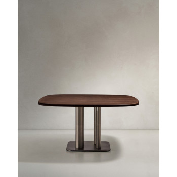 Mesa Melvar com acabamento em folheado de nogueira e pés em aço inoxidável escovado, 150 x 150 cm