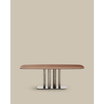 Mesa Melvar com acabamento em folheado de nogueira e pés em aço inoxidável escovado, 220 x 110 cm