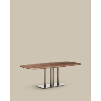 Mesa Melvar com acabamento em folheado de nogueira e pés em aço inoxidável escovado, 220 x 110 cm