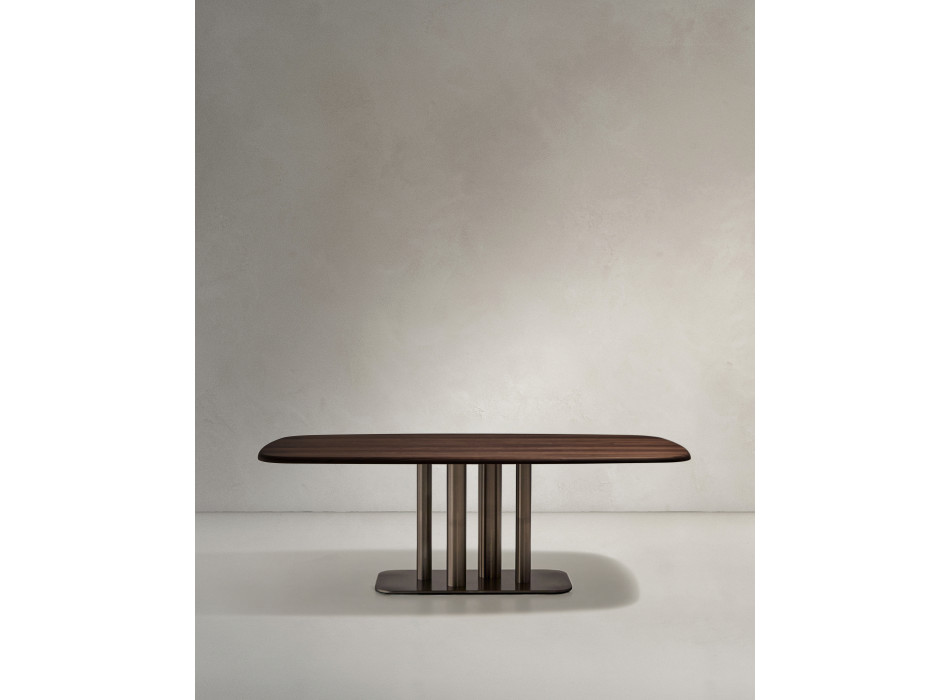 Mesa Melvar com acabamento em folheado de nogueira e pés em aço inoxidável escovado, 220 x 110 cm
