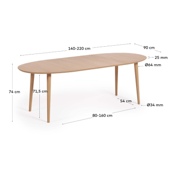 Mesa oval extensível Oqui em folheado de carvalho Ø140