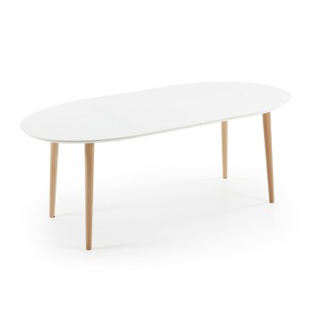 Mesa oval extensível Oqui em MDF lacado branco g90 natural, lacado branco ou