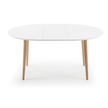 Mesa oval extensível Oqui em MDF lacado branco g90 natural, lacado branco ou