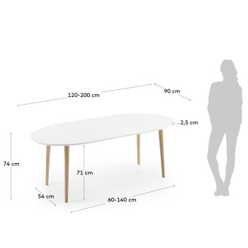 Mesa oval extensível Oqui em MDF lacado branco g90 natural, lacado branco ou