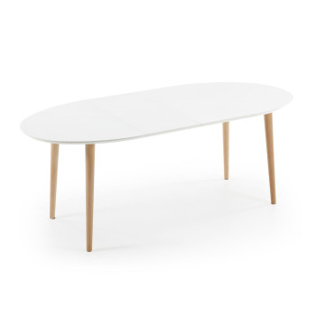 Mesa oval extensível Oqui, MDF laqueado branco, pés em faia maciça, 120 (200) x 90 cm