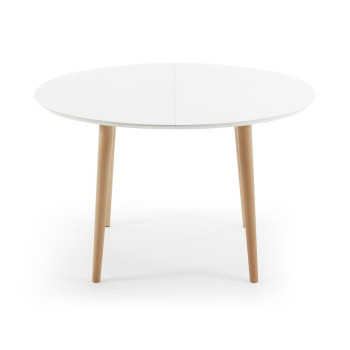 Mesa oval extensível Oqui, MDF laqueado branco, pés em faia maciça, 120 (200) x 90 cm