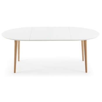 Mesa oval extensível Oqui, MDF laqueado branco, pés em faia maciça, 120 (200) x 90 cm