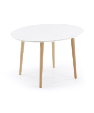 Mesa oval extensível Oqui, MDF laqueado branco, pés em faia maciça, 120 (200) x 90 cm