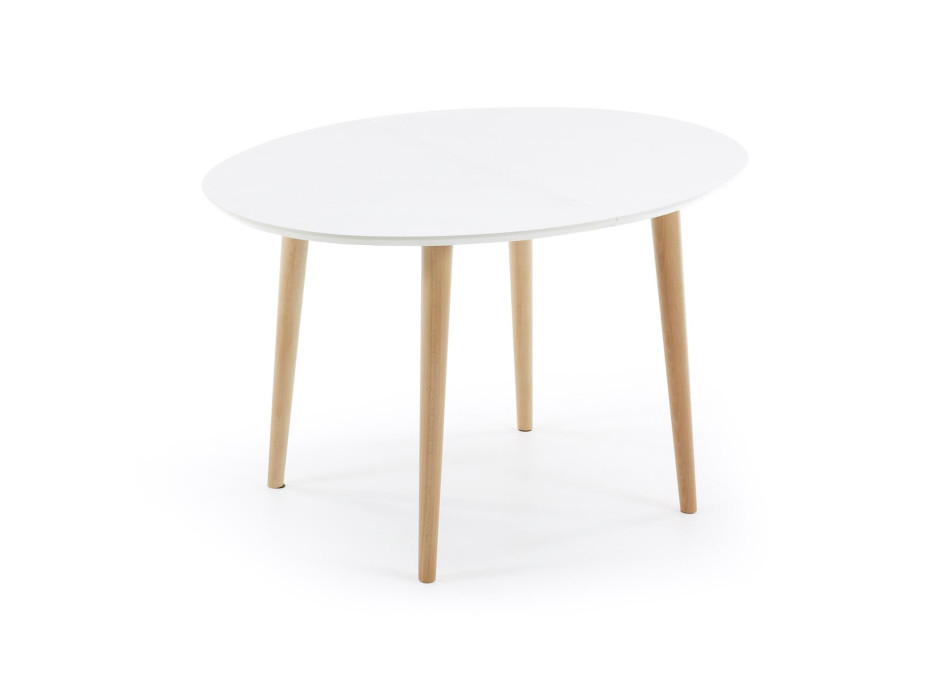 Mesa oval extensível Oqui, MDF laqueado branco, pés em faia maciça, 120 (200) x 90 cm