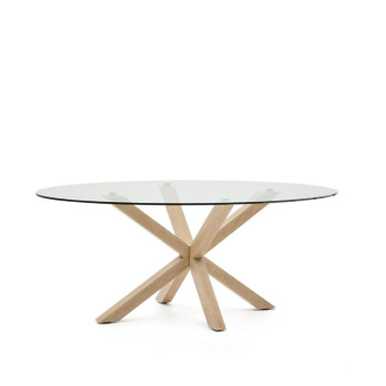 Mesa oval de vidro Argo com pés de aço com efeito madeira