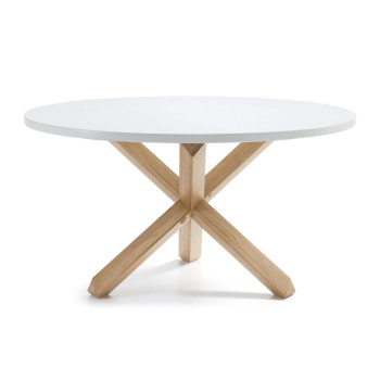 Mesa redonda Lotus Ø 135 cm em MDF laqueado branco com pés em carvalho maciço