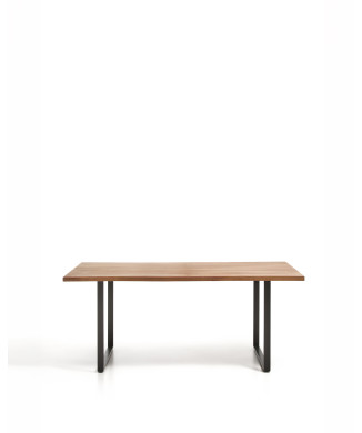 Mesa Uxue em madeira maciça de acácia com pés em aço preto, 160 x 90 cm