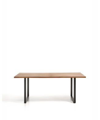 Mesa Uxue em madeira maciça de acácia com pés em aço preto, 180 x 90 cm