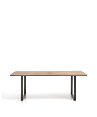Mesa Uxue em madeira maciça de acácia com pés em aço preto, 220 x 100 cm