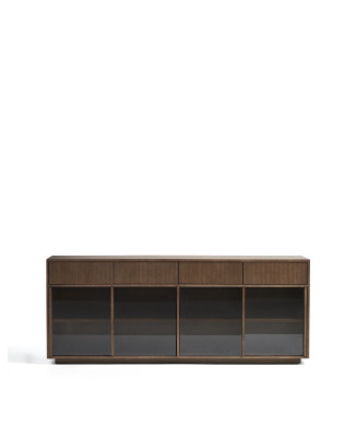 Helvine skänk med 4 dörrar och 4 lådor i askfaner med valnötsfinish och härdat glas 200 x 80 cm FSC 100%