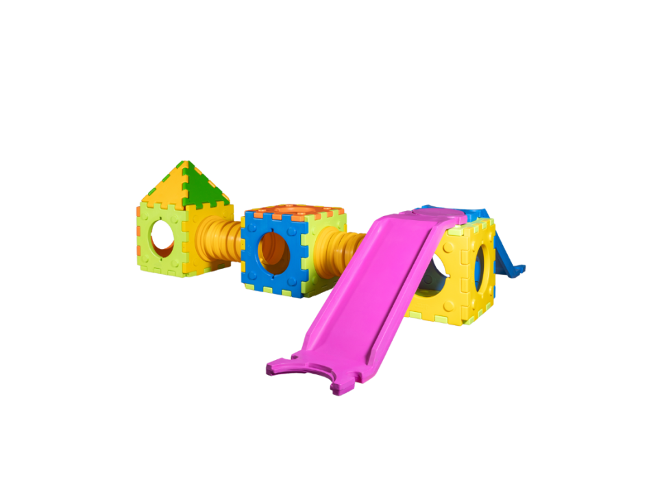 Kubisk e-modell modulärt spel med 1 liten rutschkana/stege, 2 kuber och 1 hus.