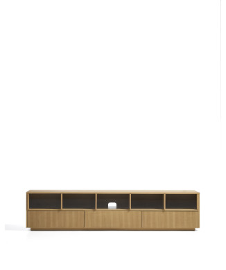 Helvine TV-skåp med 5 dörrar och 3 lådor i ekfaner och härdat glas 242 x 53,5 cm FSC 100%